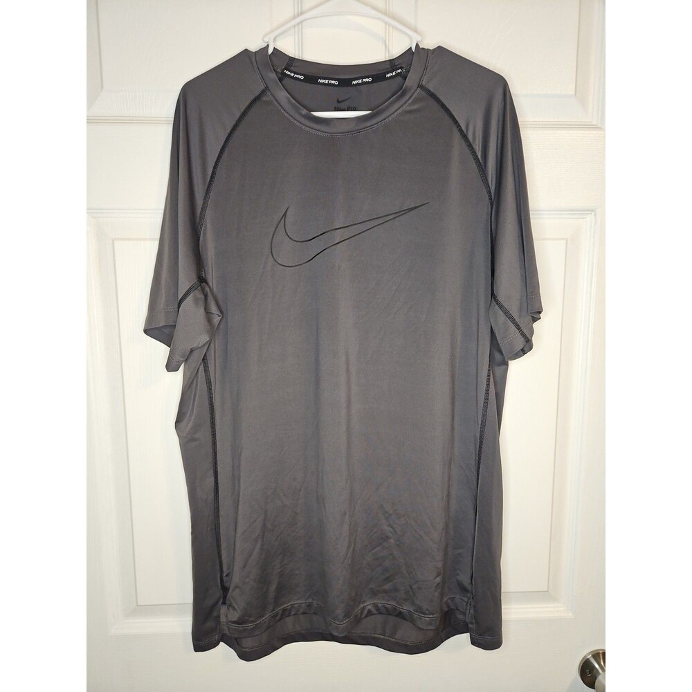 Nike Pro Dri Fit Slim Fit Mens Activewear Gray Black Swoosh T Shirt Size XL Gym